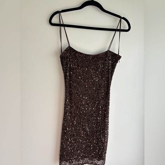 Retrofete Dresses & Skirts - Retrofête Brown Sequin Spaghetti Strap Mini Dress Size L Side Zipper Fully Lined